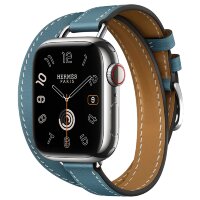 Apple Watch Hermes Series 9 41mm, двойной тонкий кожаный ремешок голубого цвета