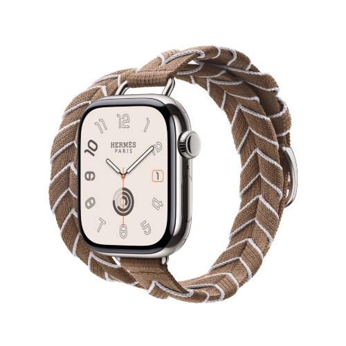 Ремешок Hermes для Apple Watch 42mm Bridon Lisere Attelage Double Tour - Бежевый/Белый (Beige de Weimar / Blanc)