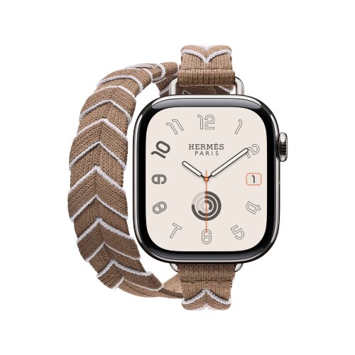 Ремешок Hermes для Apple Watch 42mm Bridon Lisere Attelage Double Tour - Бежевый/Белый (Beige de Weimar / Blanc)