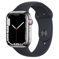 Apple Watch Series 7 45 мм, Стальные серебристого цвета, спортивный ремешок «Тёмная ночь»