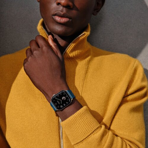 Apple Watch Hermès Series 12 46mm, Silver Titanium, ремешок Deployment Buckle Kilim синий (Bleu De Malte)