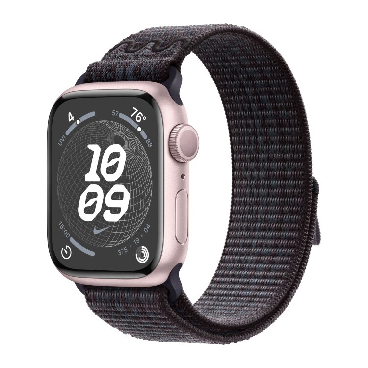 Apple Watch Series 9 41mm, Pink Aluminum Case with Nike Sport Loop - Black/Blue