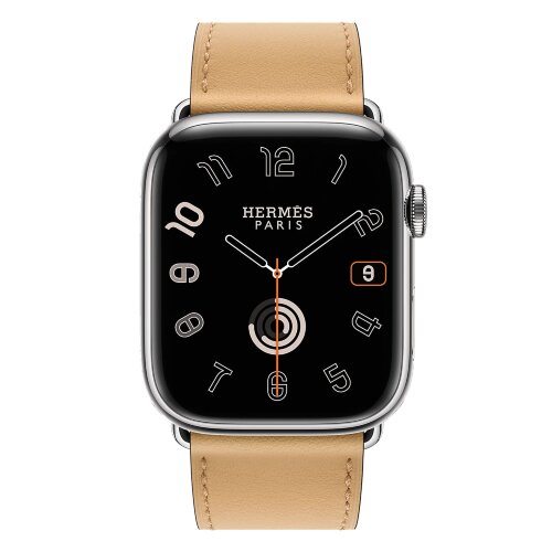 Apple Watch Hermes Series 9 45mm, классический кожаный ремешок песочного цвета