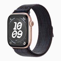 Apple Watch Series 10 46mm, Rose Gold Aluminum Case with Nike Sport Loop - Black/Blue
