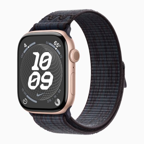 Apple Watch Series 10 46mm, Rose Gold Aluminum Case with Nike Sport Loop - Black/Blue