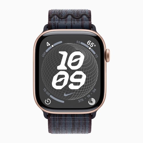 Apple Watch Series 10 46mm, Rose Gold Aluminum Case with Nike Sport Loop - Black/Blue
