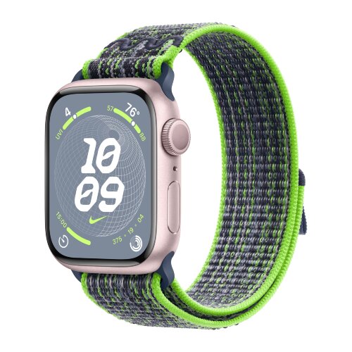 Apple Watch Series 9 41mm, Pink Aluminum Case with Nike Sport Loop - Bright Green/Blue
