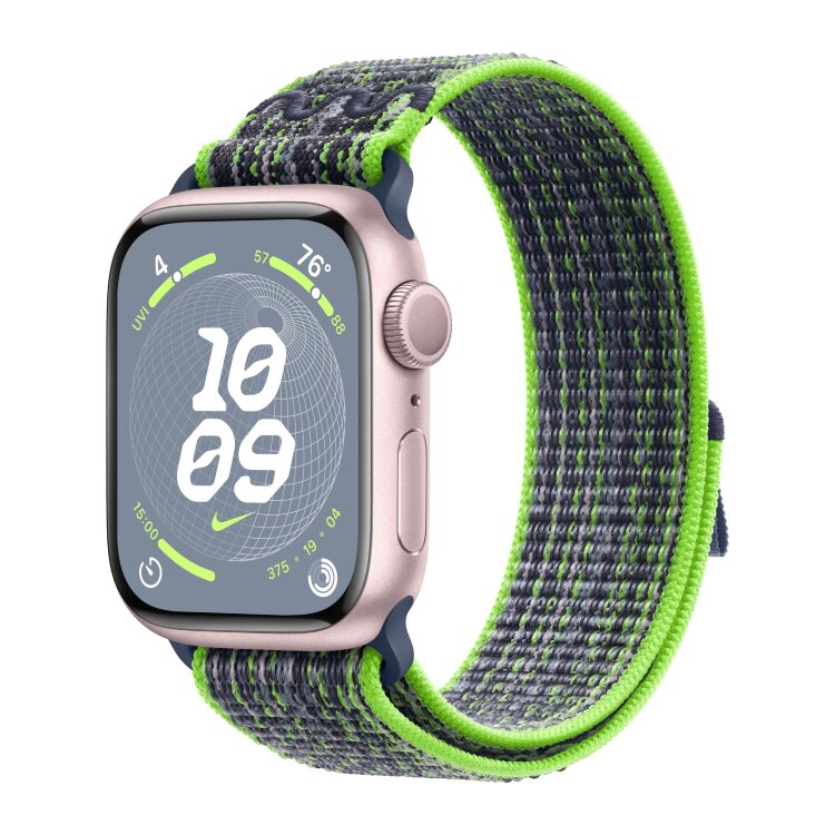 Apple Watch Series 9 41mm, Pink Aluminum Case with Nike Sport Loop - Bright Green/Blue